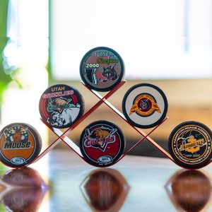 Hockey Puck Display Trophy Case Puck Holder Dark Red, Holds 6 Pucks and is Made in USA, Stanley Cup Autographed Puck Holder USA