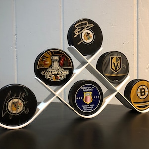 Metal Ice Hockey Puck Display - 6 Puck Holder, Made in USA, Displays Your Favorite Souvenir Pucks, Bedroom Décor, Hockey Sports Gift Idea