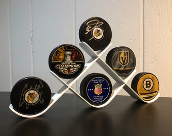 Metal Ice Hockey Puck Display - 6 Puck Holder, Made in USA, Displays Your Favorite Souvenir Pucks, Bedroom Décor, Hockey Sports Gift Idea