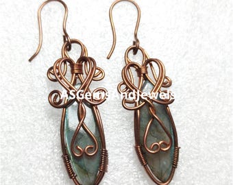 Labradorite Copper Wire Wrapped Earrings: Gemstone Dangle Jewelry