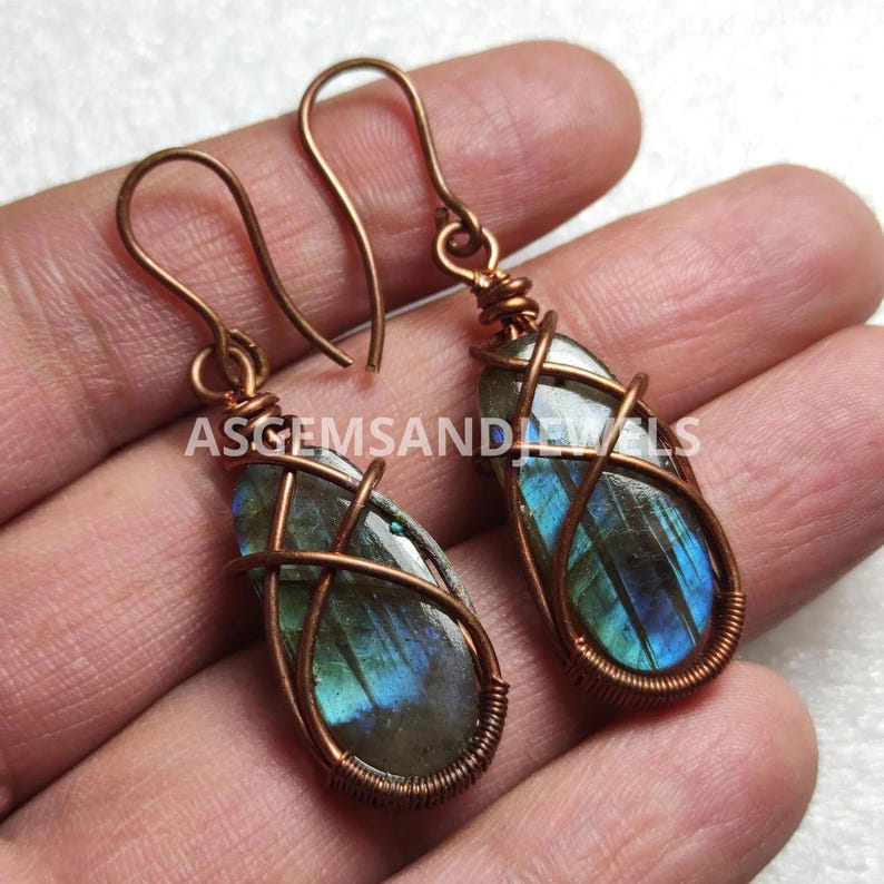 Copper Wire Wrapped Labradorite Dangle Earrings image 1