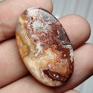 Op de afbeelding: Een ovaalvormige cabochon edelsteen met ingewikkelde, wervelende patronen in tinten van dieproestrood, warm amber, crèmewit en doorschijnend bruin. De steen vertoont een complexe, gebandeerde textuur met organische, kantachtige formaties.
