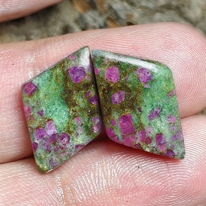 Natural Ruby Fuchsite Cabochon Matching Pair: Polished Loose Gemstone For Earrings (Size- 11x18 mm)