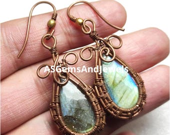 Labradorite Copper Wire Wrapped Earrings: Handmade Gemstone Dangle Jewelry