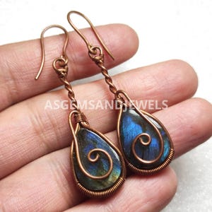 Copper Wire Wrapped Labradorite Dangle Earrings