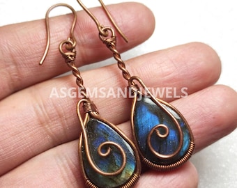 Copper Wire Wrapped Labradorite Dangle Earrings