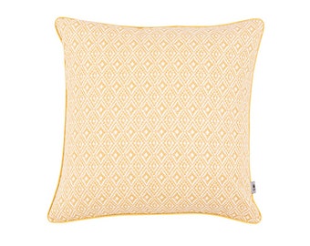 May include: A yellow throw pillow with a white diamond pattern. The pillow has a yellow border.