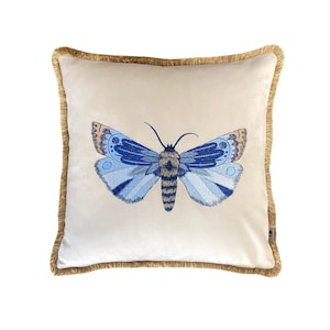 moths cushion cover, cream pillowcase, embroidered pillows,  blue moth pillowcase,45x45cm,  handmade cushion, velvet pillows, style cushion