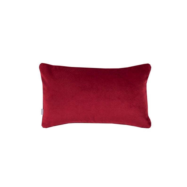 May include: A solid red rectangular pillow with a smooth velvet texture.