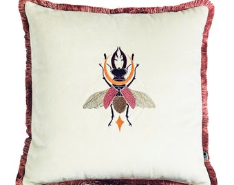 Luxury Embroidered Insect Pillow Cover  Elegant Designer Cushion Cover  Premium Nature Home Decor
