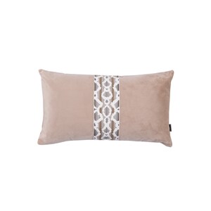 May include: A beige rectangular cushion with a white and brown geometric pattern down the centre.