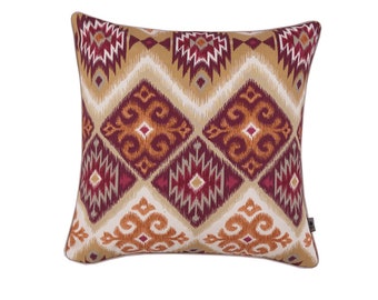 Funda de cojín boho, estampados étnicos, rojo naranja sobre fondo claro, funda de cojín ribeteada, almohada decorativa, algodón de doble cara, 45 x 45 cm