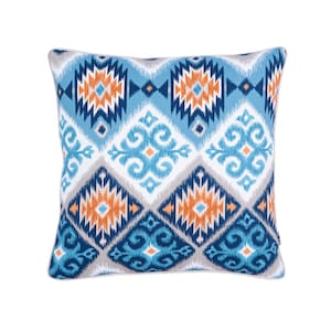 Boho cushion cover, printed navajo cushion, Style cushion cover, Blue Orange Pillowcase , Piped cushion cover,, Double sided cotton,45x45cm