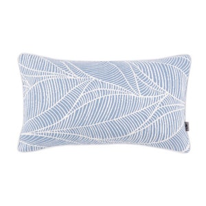 May include: A light blue rectangular pillow with a white leaf pattern.