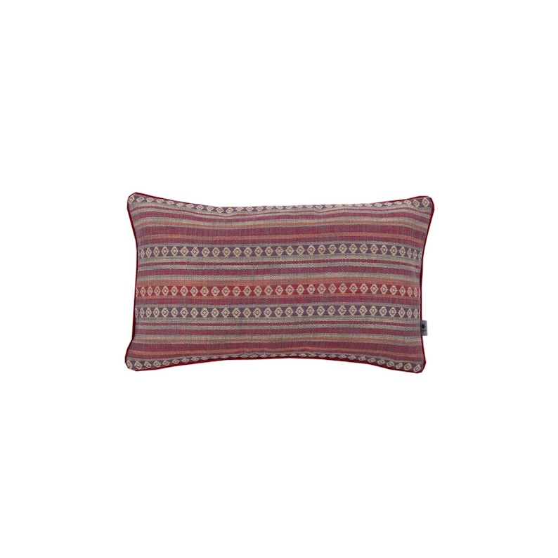 May include: A long rectangular pillow with a red, orange, and blue striped pattern. The pattern includes small diamond shapes.