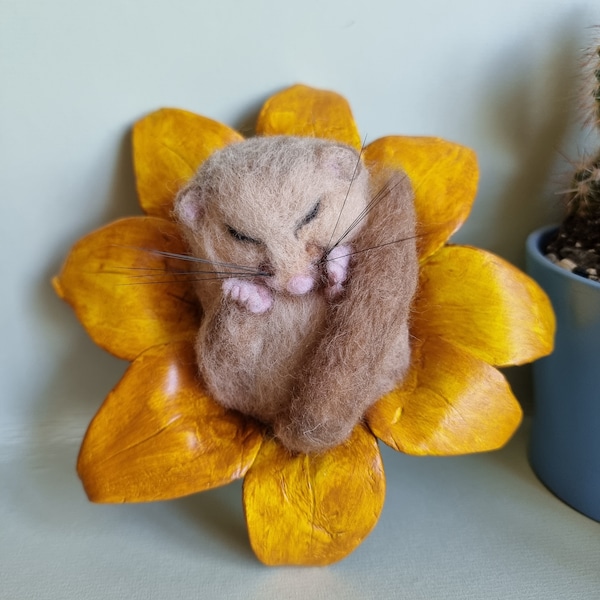 Sleeping Hazel Dormouse, sunflower sculpture, mouse art, British wildlife, woodland animals, woodland theme, sunflower art, needle felt