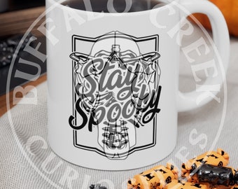 Stay Spooky Rib Cage Badge Morbid Motivational Vulture Culture Halloween White Ceramic Mug 11oz