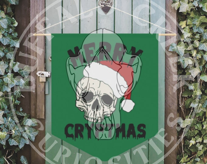 Merry Cryptmas Santa Skull Yule Christmas Holiday Winter Cryptmas Hanging Pennant Door Hanger