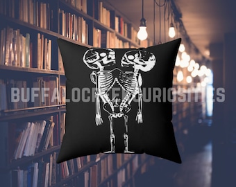 Conjoined Twin Skeleton Halloween Goth Macabre Spooky Haunted Home Spun Polyester 18 x 18 Square Pillow Case + Pillow