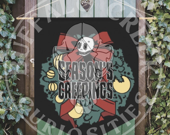 Seasons Creepings Skull Wreath Yule Christmas Holiday Winter Cryptmas Hanging Pennant Door Hanger