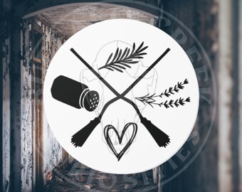 Salt Rosemary Lavender Love Crossed Brooms Pagan Magic Witch Round Vinyl Sticker