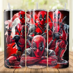 May include: Three stainless steel tumblers with a red, black, and white design featuring multiple images of the superhero Deadpool.