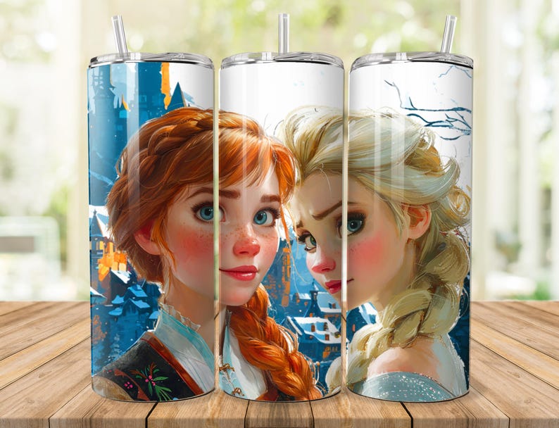 Pode incluir: Dois copos de a&ccedil;o inoxid&aacute;vel com imagens de personagens animados. O copo da esquerda apresenta uma mulher de cabelo ruivo com um fundo azul e branco. O copo da direita apresenta uma mulher loira com um fundo branco.