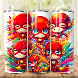 May include: A white tumbler with a colorful watercolor design featuring multiple cartoon images of The Flash. The Flash is depicted in a red suit with a yellow lightning bolt on the chest.