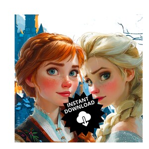 Pode incluir: Uma ilustra&ccedil;&atilde;o digital de duas mulheres jovens com cabelo comprido. Uma mulher tem cabelo ruivo e est&aacute; vestindo um vestido marrom e verde. A outra mulher tem cabelo loiro e est&aacute; vestindo um vestido azul. O texto "INSTANT DOWNLOAD" est&aacute; em uma estrela preta com uma nuvem branca e uma seta para baixo.