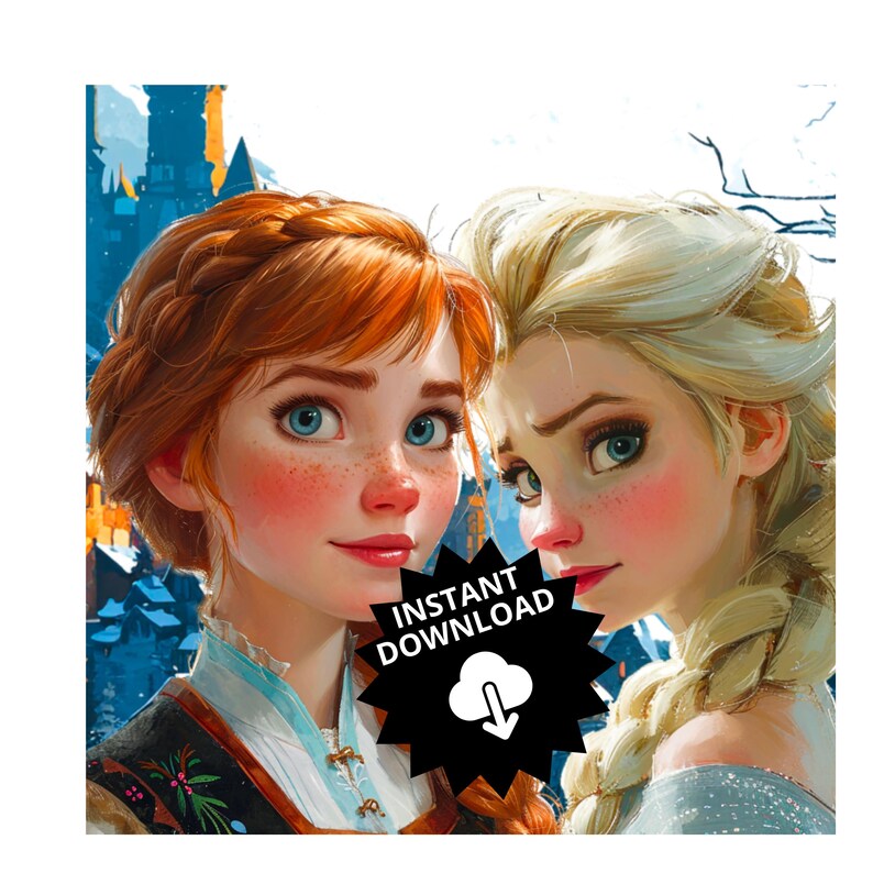 Pode incluir: Uma ilustra&ccedil;&atilde;o digital de duas mulheres jovens com cabelo comprido. Uma mulher tem cabelo ruivo e est&aacute; vestindo um vestido marrom e verde. A outra mulher tem cabelo loiro e est&aacute; vestindo um vestido azul. O texto "INSTANT DOWNLOAD" est&aacute; em uma estrela preta com uma nuvem branca e uma seta para baixo.