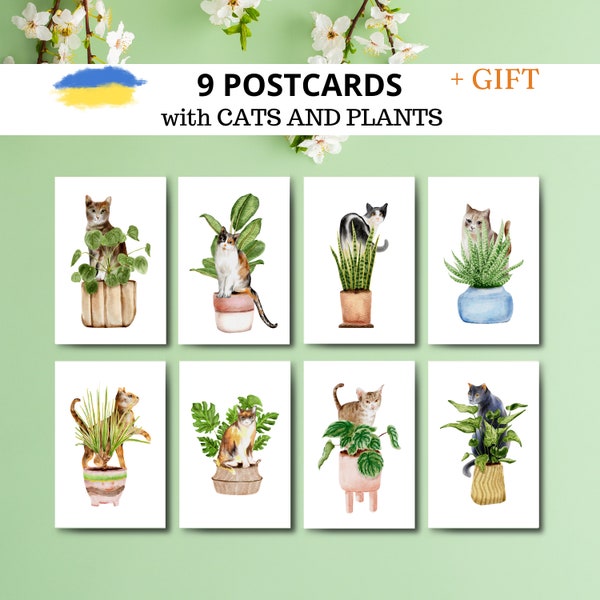 Cat and plant, postcard set, watercolor postcard, cat artwork