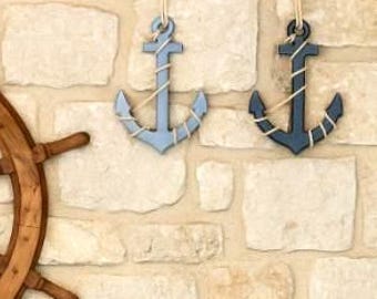 Set of 2 wooden anchors, blue/dark blue, hanging wooden anchors, decorative pendants, 20 x 14 cm, maritime decoration, seaside decoration, decorative rope, decorative anchor, wall decoration, gift