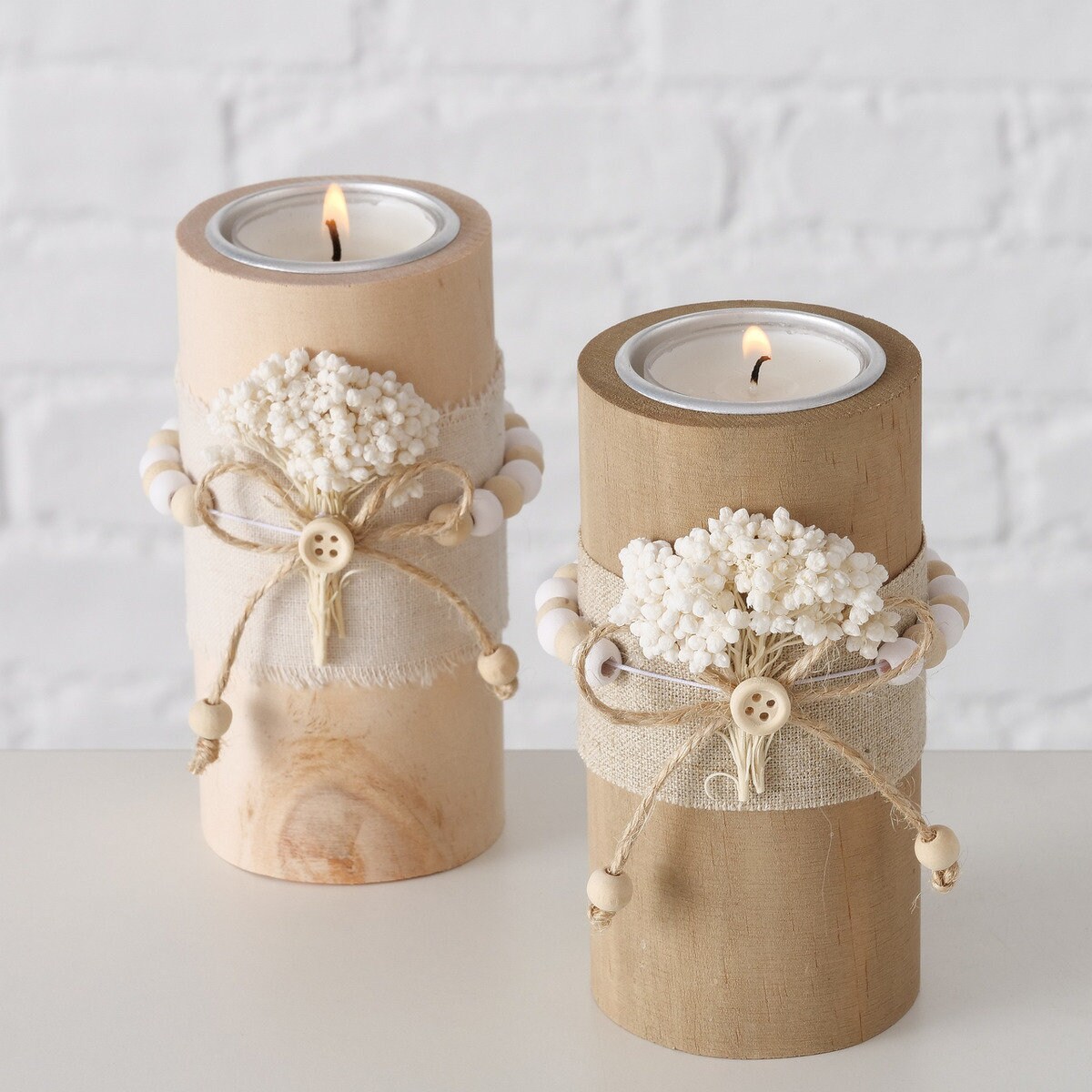 2er Set Teelichthalter Aus Holz Mit Trockenblumen – Naturbraun, Je 13 Cm Hoch, Perfekt Für Hochzeitsdeko, Boho-Stil & Tischschmuck