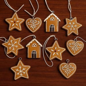 8 Gingerbread Decoration Hangers, Brown, fd92961, 4 cm, Christmas Decorations, Stars, Hearts, Christmas Tree Ornaments, Houses, Star, Heart, House, Winter Decorations