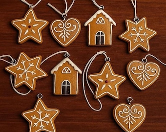 8 Gingerbread Decoration Hangers, Brown, fd92961, 4 cm, Christmas Decorations, Stars, Hearts, Christmas Tree Ornaments, Houses, Star, Heart, House, Winter Decorations