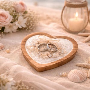 May include: A wooden heart-shaped ring holder with two silver rings, sand, and seashells. The holder is on a sandy surface, with candles in glass jars, starfish, and flowers in the background. A romantic wedding theme.