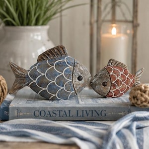 Set of 2 wooden fish, 10 cm x 7 cm, nautical table decoration, white, blue, red, decorative wooden fish FF11, decorative object, nautical decoration, wooden fish, 2 pieces