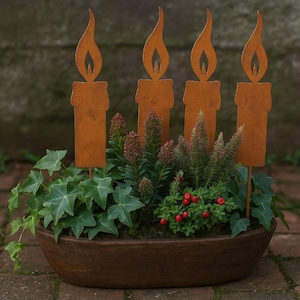 Set of 4 rust candles 14 cm metal flames garden decoration candles decorative plugs Christmas decoration metal candles rust candles with flame decoration rust brown
