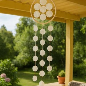 Carillon éolien coquillage XXL disques Capiz disques nacre 84 x 30 cm blanc suspension mobile disques coquillage Capiz rond décoration maritime décoration de chambre b70