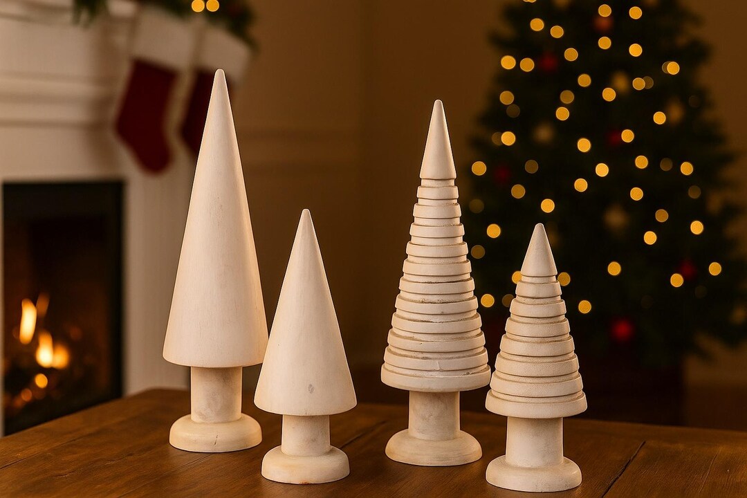 3 Decorative Trees, Cream White, Wood B064, Dark Brown Fir Trees ...