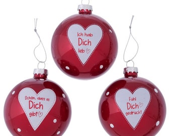 3 PCS Christmas baubles b627 I love you - It's nice that you exist - Feel hugged - 8 cm glass Christmas tree baubles red white dots