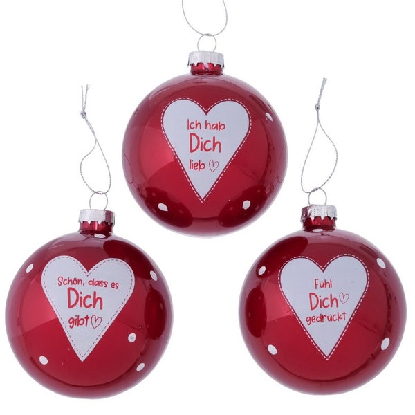 3 STK Weihnachtskugeln b627 Ich hab Dich lieb - Schön, dass es Dich gibt - Fühl Dich gedrückt - 8cm Glas Christbaumkugeln rot weisss Punkte
