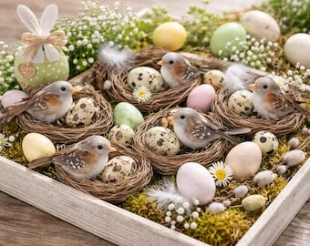 6 nidos de codorniz con pajaritos, nido de pájaro con huevos de codorniz soplados, decoración natural, decoración de Pascua para casa de campo o520, artesanía de aves de Pascua con plumas