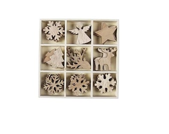 36 piezas de madera copo de nieve estrella ángel árbol reno caja de madera marrón decoración navideña artesanía animales de madera invierno Navidad otros