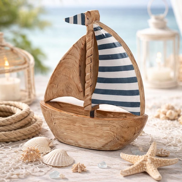 Barca a vela 21 x 18 cm Barca in legno o26-3500 Decorazione marittima a strisce blu marrone bianco Espositore per barca in legno Oggetto decorativo Ancora Nave Marinaio