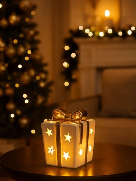LED Geschenk Timer Leuchte weiss gold b477 Leuchtgeschenk Weihnachtsdeko Lampe leuchtendes Geschenk Weihnachten Paket Licht Nachtlicht