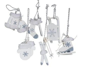 6-piece set of Christmas tree decorations, white wood, ice skates, ski sleigh, OTH tree decoration, nostalgic alpine winter, Christmas tree decoration, hanger, wooden decoration