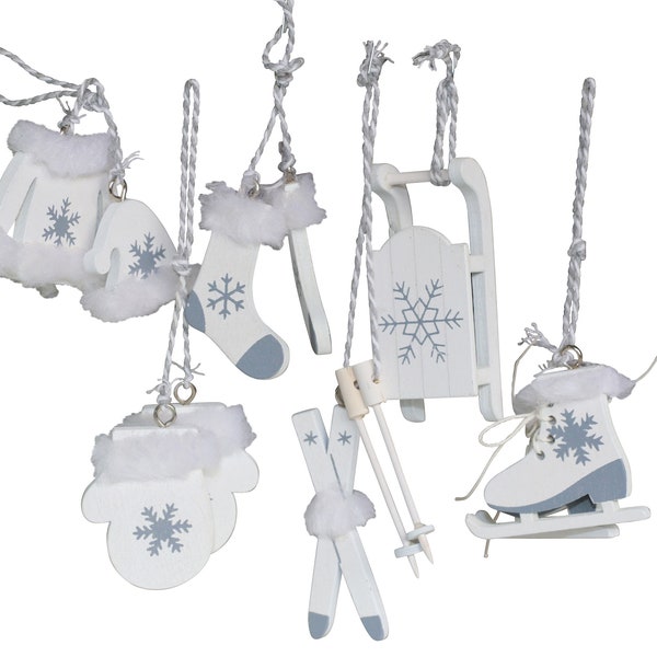 6 TLG Set Christbaumschmuck Weiss Holz Schlittschuhe Ski Schlitten OTH Baumschmuck Nostalgie Alpen Winter Chirstbaumdeko Hänger Holzdeko