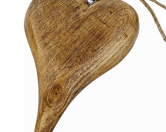 May include: A large, wooden heart-shaped ornament with a rustic brown finish. The heart has a rope loop for hanging and a pointed bottom.