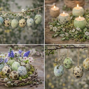 May include: A collection of Easter decorations featuring speckled eggs, candles, and floral arrangements. Some eggs are suspended from a string, others are in a nest, and some are used as candle holders. The color palette includes greens, browns, and whites.